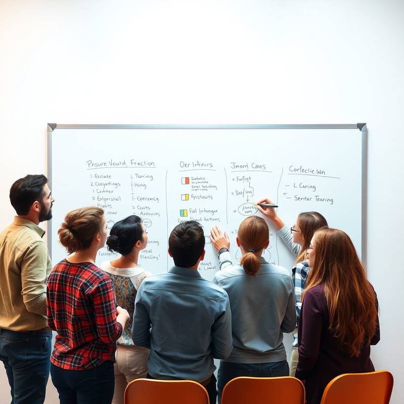 A diverse group of people brainstorming ideas on a whiteboard, representing creative thinking and problem solving.